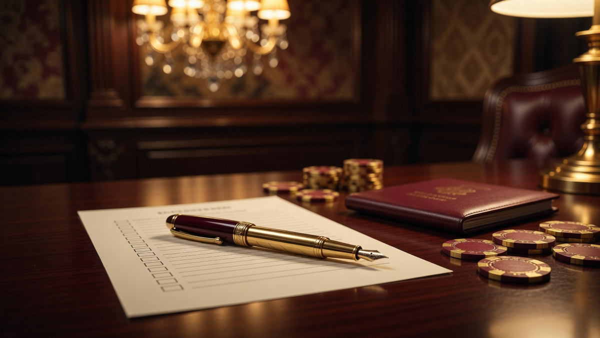 Checklist paper, fountain pen, and casino chips on a dark wood desk.